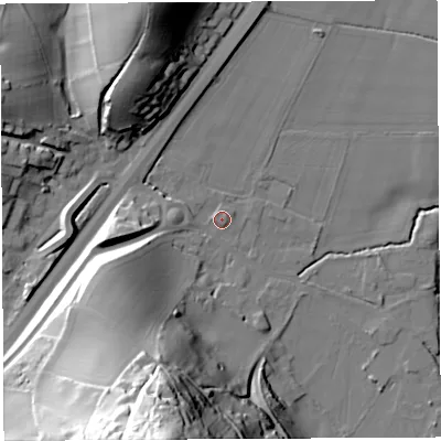Shaded relief map of the ground around HR96DA, computed from Environment Agency LiDAR. The ground here sits at about 24 m above sea level and falls 76 m across the surrounding 800 m. Surface water reaching this point runs off ground lying to the south-south-west, 66.5 m higher.