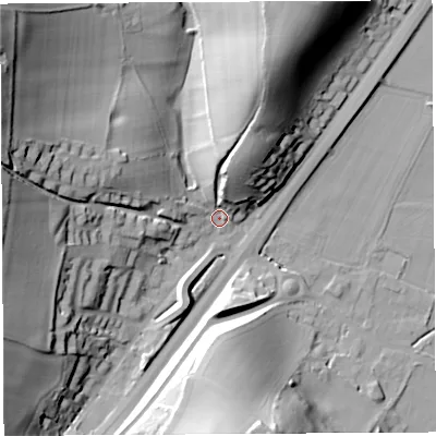 Shaded relief map of the ground around HR96DB, computed from Environment Agency LiDAR. The ground here sits at about 26 m above sea level and falls 42 m across the surrounding 800 m. Surface water reaching this point runs off ground lying to the north-west, 38.0 m higher.