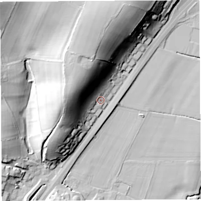 Shaded relief map of the ground around HR96DD, computed from Environment Agency LiDAR. The ground here sits at about 27 m above sea level and falls 36 m across the surrounding 800 m. Surface water reaching this point runs off ground lying to the north-west, 25.6 m higher.