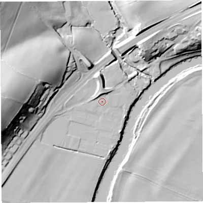 Shaded relief map of the ground around HR96DF, computed from Environment Agency LiDAR. The ground here sits at about 23 m above sea level and falls 33 m across the surrounding 800 m. Surface water reaching this point runs off ground lying to the north, 3.3 m higher.