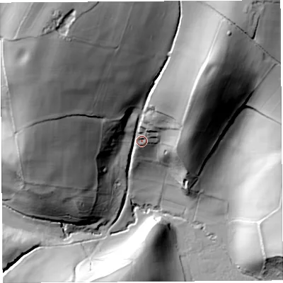 Shaded relief map of the ground around HR96DH, computed from Environment Agency LiDAR. The ground here sits at about 58 m above sea level and falls 81 m across the surrounding 800 m. Surface water reaching this point runs off ground lying to the north-north-west, 62.4 m higher.
