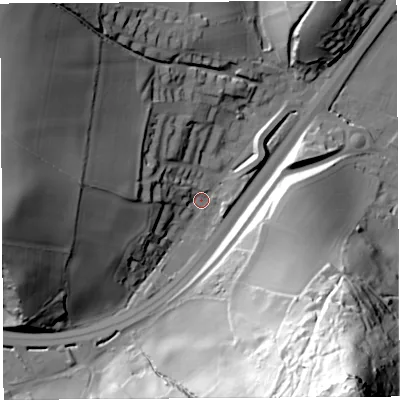Shaded relief map of the ground around HR96DJ, computed from Environment Agency LiDAR. The ground here sits at about 28 m above sea level and falls 112 m across the surrounding 800 m. Surface water reaching this point runs off ground lying to the west, 47.1 m higher.