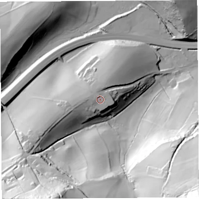Shaded relief map of the ground around HR96DW, computed from Environment Agency LiDAR. The ground here sits at about 65 m above sea level and falls 115 m across the surrounding 800 m. Surface water reaching this point runs off ground lying to the west-south-west, 11.1 m higher.