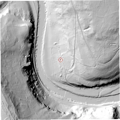Shaded relief map of the ground around HR96DX, computed from Environment Agency LiDAR. The ground here sits at about 30 m above sea level and falls 156 m across the surrounding 800 m. Surface water reaching this point runs off ground lying to the east-north-east, 23.9 m higher.
