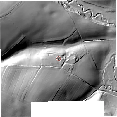 Shaded relief map of the ground around HR96EH, computed from Environment Agency LiDAR. The ground here sits at about 51 m above sea level and falls 48 m across the surrounding 800 m. Surface water reaching this point runs off ground lying to the south-west, 8.1 m higher.