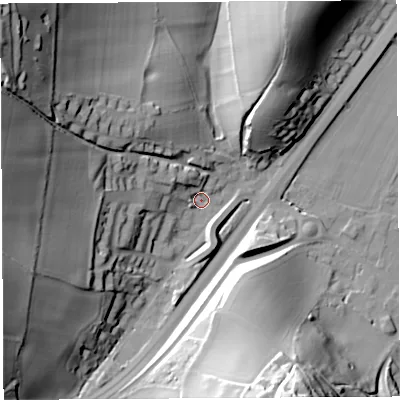 Shaded relief map of the ground around HR96FG, computed from Environment Agency LiDAR. The ground here sits at about 25 m above sea level and falls 52 m across the surrounding 800 m. Surface water reaching this point runs off ground lying to the west-north-west, 41.9 m higher.