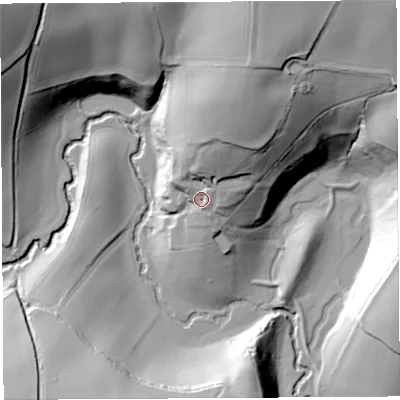 Shaded relief map of the ground around HR96HD, computed from Environment Agency LiDAR. The ground here sits at about 49 m above sea level and falls 62 m across the surrounding 800 m. Surface water reaching this point runs off ground lying to the north-north-east, 23.5 m higher.