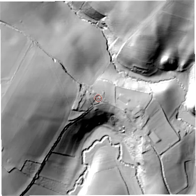 Shaded relief map of the ground around HR96HE, computed from Environment Agency LiDAR. The ground here sits at about 56 m above sea level and falls 60 m across the surrounding 800 m. Surface water reaching this point runs off ground lying to the west, 30.3 m higher.