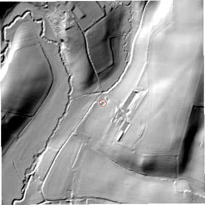 Shaded relief map of the ground around HR96HF, computed from Environment Agency LiDAR. The ground here sits at about 29 m above sea level and falls 50 m across the surrounding 800 m. Surface water reaching this point runs off ground lying to the south-east, 20.6 m higher.