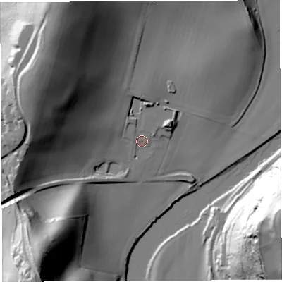 Shaded relief map of the ground around HR96HZ, computed from Environment Agency LiDAR. The ground here sits at about 32 m above sea level and falls 70 m across the surrounding 800 m. Surface water reaching this point runs off ground lying to the north-west, 46.6 m higher.