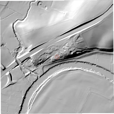 Shaded relief map of the ground around HR96JD, computed from Environment Agency LiDAR. The ground here sits at about 31 m above sea level and falls 38 m across the surrounding 800 m. Surface water reaching this point runs off ground lying to the north-east, 19.6 m higher.