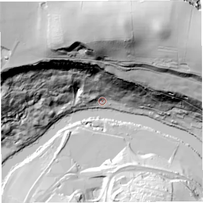 Shaded relief map of the ground around HR96JJ, computed from Environment Agency LiDAR. The ground here sits at about 27 m above sea level and falls 105 m across the surrounding 800 m. Surface water reaching this point runs off ground lying to the north-north-west, 101.7 m higher.
