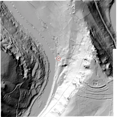 Shaded relief map of the ground around HR96JL, computed from Environment Agency LiDAR. The ground here sits at about 24 m above sea level and falls 139 m across the surrounding 800 m. Surface water reaching this point runs off ground lying to the east-north-east, 136.2 m higher.