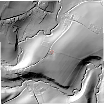 Shaded relief map of the ground around HR96NH, computed from Environment Agency LiDAR. The ground here sits at about 61 m above sea level and falls 39 m across the surrounding 800 m. Surface water reaching this point runs off ground lying to the east, 3.9 m higher.