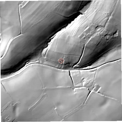 Shaded relief map of the ground around HR96NQ, computed from Environment Agency LiDAR. The ground here sits at about 65 m above sea level and falls 54 m across the surrounding 800 m. Surface water reaching this point runs off ground lying to the north-east, 9.0 m higher.