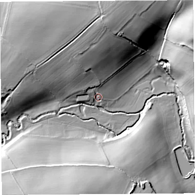 Shaded relief map of the ground around HR96NY, computed from Environment Agency LiDAR. The ground here sits at about 53 m above sea level and falls 39 m across the surrounding 800 m. Surface water reaching this point runs off ground lying to the north-north-east, 32.1 m higher.