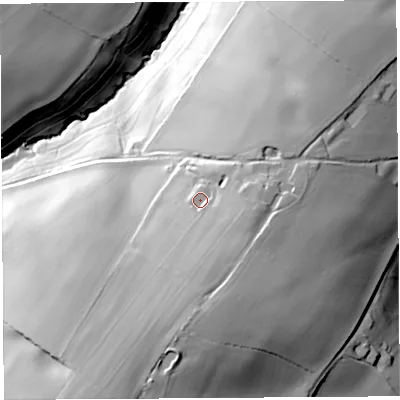 Shaded relief map of the ground around HR96PG, computed from Environment Agency LiDAR. The ground here sits at about 102 m above sea level and falls 64 m across the surrounding 800 m. Surface water reaching this point runs off ground lying to the south-south-west, 25.0 m higher.
