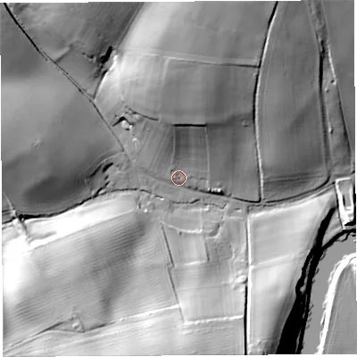 Shaded relief map of the ground around HR96QU, computed from Environment Agency LiDAR. The ground here sits at about 36 m above sea level and falls 37 m across the surrounding 800 m. Surface water reaching this point runs off ground lying to the north-north-east, 23.6 m higher.