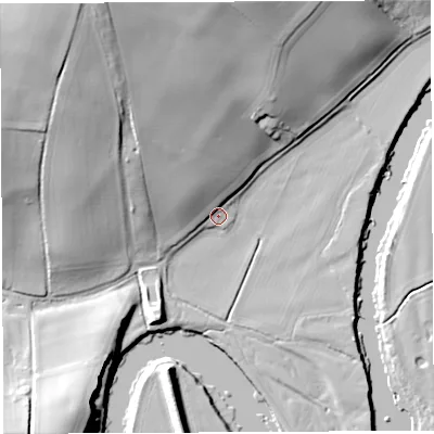 Shaded relief map of the ground around HR96QX, computed from Environment Agency LiDAR. The ground here sits at about 34 m above sea level and falls 36 m across the surrounding 800 m. Surface water reaching this point runs off ground lying to the north-north-west, 21.0 m higher.