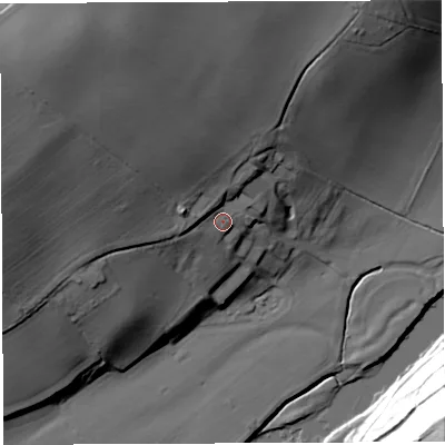 Shaded relief map of the ground around HR96RA, computed from Environment Agency LiDAR. The ground here sits at about 46 m above sea level and falls 53 m across the surrounding 800 m. Surface water reaching this point runs off ground lying to the north-west, 26.0 m higher.