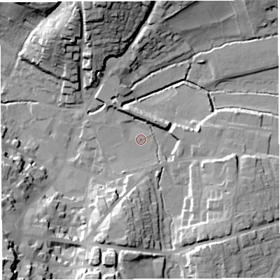 Shaded relief map of the ground around HR97AQ, computed from Environment Agency LiDAR. The ground here sits at about 35 m above sea level and falls 30 m across the surrounding 800 m. Surface water reaching this point runs off ground lying to the north, 5.2 m higher.
