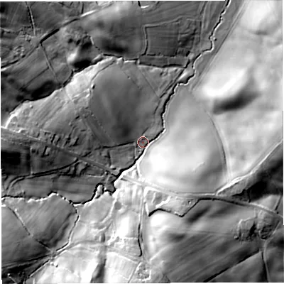 Shaded relief map of the ground around HR97AR, computed from Environment Agency LiDAR. The ground here sits at about 48 m above sea level and falls 27 m across the surrounding 800 m. Surface water reaching this point runs off ground lying to the south, 23.1 m higher.
