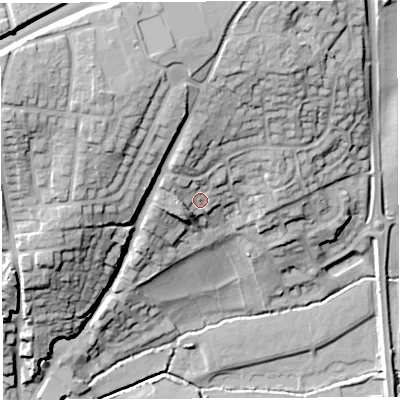 Shaded relief map of the ground around HR97BD, computed from Environment Agency LiDAR. The ground here sits at about 51 m above sea level and falls 39 m across the surrounding 800 m. Surface water reaching this point runs off ground lying to the north-west, 5.4 m higher.
