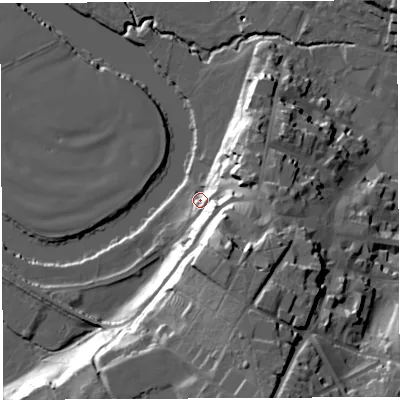 Shaded relief map of the ground around HR97BT, computed from Environment Agency LiDAR. The ground here sits at about 34 m above sea level and falls 40 m across the surrounding 800 m. Surface water reaching this point runs off ground lying to the east, 18.6 m higher.
