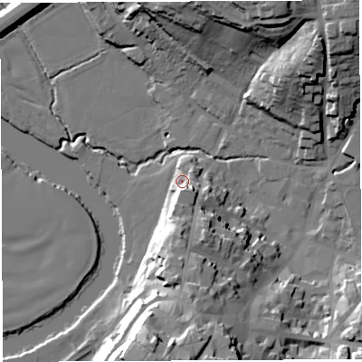 Shaded relief map of the ground around HR97BU, computed from Environment Agency LiDAR. The ground here sits at about 35 m above sea level and falls 36 m across the surrounding 800 m. Surface water reaching this point runs off ground lying to the south-south-east, 11.5 m higher.