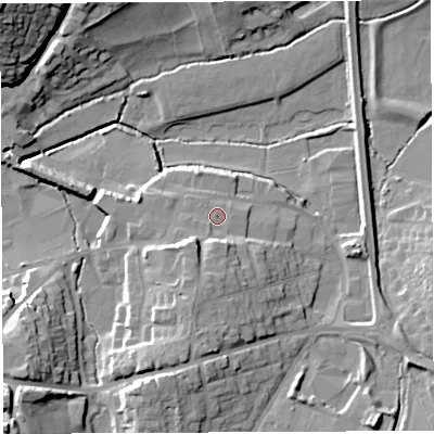Shaded relief map of the ground around HR97BW, computed from Environment Agency LiDAR. The ground here sits at about 40 m above sea level and falls 28 m across the surrounding 800 m. Surface water reaching this point runs off ground lying to the south-south-west, 5.0 m higher.