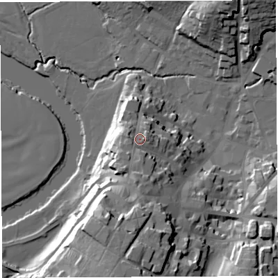 Shaded relief map of the ground around HR97BZ, computed from Environment Agency LiDAR. The ground here sits at about 47 m above sea level and falls 37 m across the surrounding 800 m. Surface water reaching this point runs off ground lying to the west, 3.1 m higher.