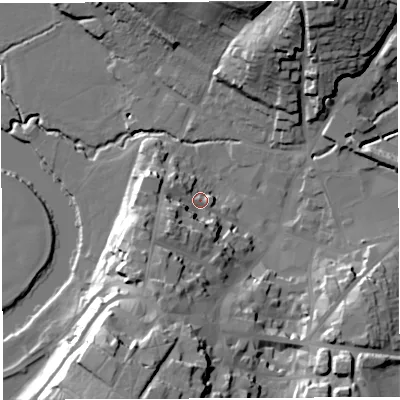 Shaded relief map of the ground around HR97DB, computed from Environment Agency LiDAR. The ground here sits at about 36 m above sea level and falls 36 m across the surrounding 800 m. Surface water reaching this point runs off ground lying to the south-south-west, 32.2 m higher.