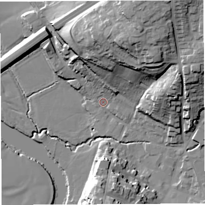 Shaded relief map of the ground around HR97DE, computed from Environment Agency LiDAR. The ground here sits at about 33 m above sea level and falls 42 m across the surrounding 800 m. Surface water reaching this point runs off ground lying to the north-north-east, 39.2 m higher.
