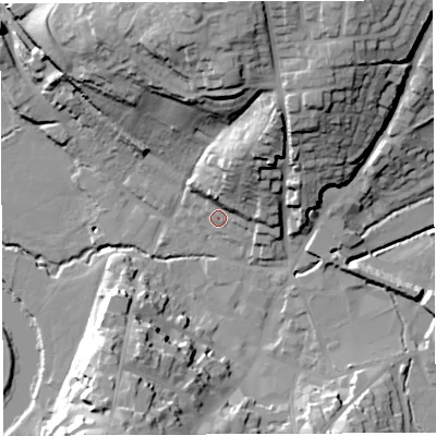 Shaded relief map of the ground around HR97DH, computed from Environment Agency LiDAR. The ground here sits at about 36 m above sea level and falls 40 m across the surrounding 800 m. Surface water reaching this point runs off ground lying to the north-north-east, 22.4 m higher.