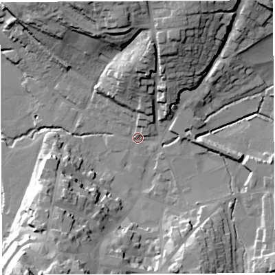 Shaded relief map of the ground around HR97DQ, computed from Environment Agency LiDAR. The ground here sits at about 34 m above sea level and falls 37 m across the surrounding 800 m. Surface water reaching this point runs off ground lying to the north-north-east, 30.3 m higher.