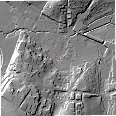 Shaded relief map of the ground around HR97ED, computed from Environment Agency LiDAR. The ground here sits at about 33 m above sea level and falls 37 m across the surrounding 800 m. Surface water reaching this point runs off ground lying to the south-west, 33.0 m higher.
