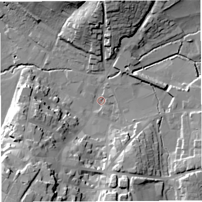 Shaded relief map of the ground around HR97EE, computed from Environment Agency LiDAR. The ground here sits at about 33 m above sea level and falls 36 m across the surrounding 800 m. Surface water reaching this point runs off ground lying to the south-west, 31.9 m higher.