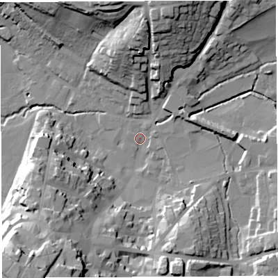 Shaded relief map of the ground around HR97EG, computed from Environment Agency LiDAR. The ground here sits at about 33 m above sea level and falls 35 m across the surrounding 800 m. Surface water reaching this point runs off ground lying to the east-north-east, 3.4 m higher.