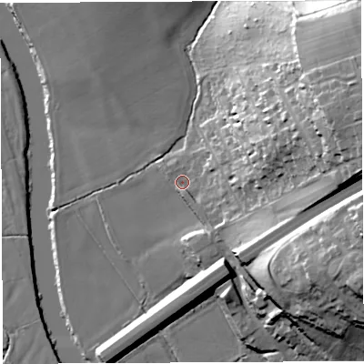 Shaded relief map of the ground around HR97GQ, computed from Environment Agency LiDAR. The ground here sits at about 34 m above sea level and falls 42 m across the surrounding 800 m. Surface water reaching this point runs off ground lying to the east-north-east, 36.5 m higher.