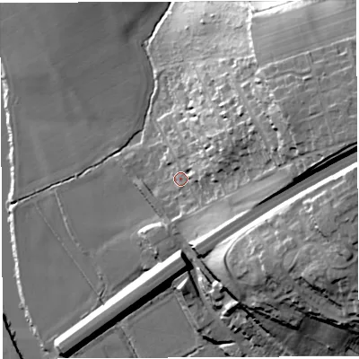 Shaded relief map of the ground around HR97HJ, computed from Environment Agency LiDAR. The ground here sits at about 38 m above sea level and falls 44 m across the surrounding 800 m. Surface water reaching this point runs off ground lying to the east-north-east, 31.8 m higher.
