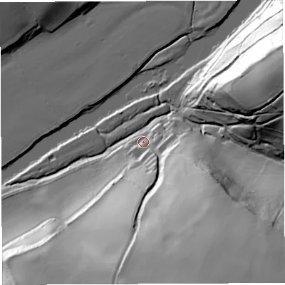 Shaded relief map of the ground around HR97JN, computed from Environment Agency LiDAR. The ground here sits at about 38 m above sea level and falls 70 m across the surrounding 800 m. Surface water reaching this point runs off ground lying to the south-east, 63.2 m higher.