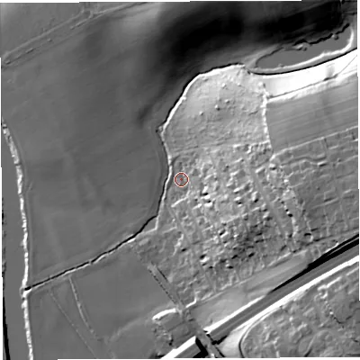 Shaded relief map of the ground around HR97JT, computed from Environment Agency LiDAR. The ground here sits at about 36 m above sea level and falls 43 m across the surrounding 800 m. Surface water reaching this point runs off ground lying to the east, 35.5 m higher.
