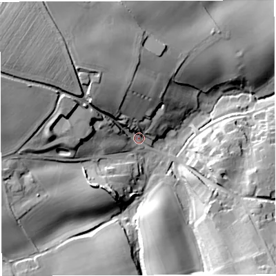 Shaded relief map of the ground around HR97JZ, computed from Environment Agency LiDAR. The ground here sits at about 90 m above sea level and falls 36 m across the surrounding 800 m. Surface water reaching this point runs off ground lying to the north-west, 30.5 m higher.
