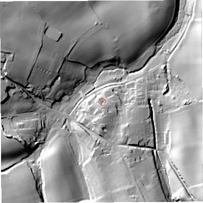 Shaded relief map of the ground around HR97LA, computed from Environment Agency LiDAR. The ground here sits at about 96 m above sea level and falls 42 m across the surrounding 800 m. Surface water reaching this point runs off ground lying to the south, 6.7 m higher.