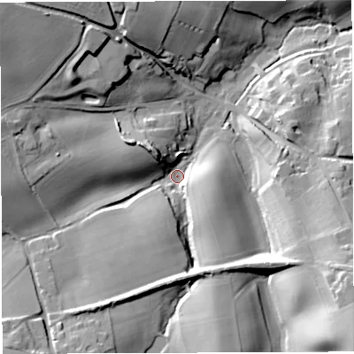 Shaded relief map of the ground around HR97LB, computed from Environment Agency LiDAR. The ground here sits at about 88 m above sea level and falls 35 m across the surrounding 800 m. Surface water reaching this point runs off ground lying to the south-south-west, 19.1 m higher.