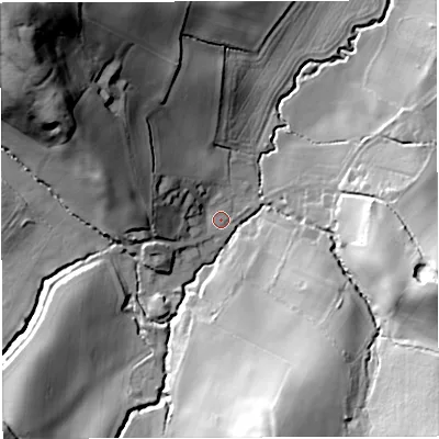 Shaded relief map of the ground around HR97LS, computed from Environment Agency LiDAR. The ground here sits at about 63 m above sea level and falls 59 m across the surrounding 800 m. Surface water reaching this point runs off ground lying to the west-north-west, 22.2 m higher.