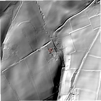 Shaded relief map of the ground around HR97LT, computed from Environment Agency LiDAR. The ground here sits at about 78 m above sea level and falls 78 m across the surrounding 800 m. Surface water reaching this point runs off ground lying to the south-south-west, 16.6 m higher.