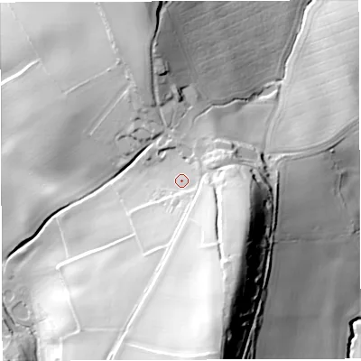 Shaded relief map of the ground around HR97LW, computed from Environment Agency LiDAR. The ground here sits at about 114 m above sea level and falls 78 m across the surrounding 800 m. Surface water reaching this point runs off ground lying to the south-east, 19.5 m higher.