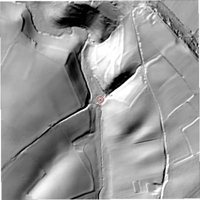 Shaded relief map of the ground around HR97RP, computed from Environment Agency LiDAR. The ground here sits at about 58 m above sea level and falls 82 m across the surrounding 800 m. Surface water reaching this point runs off ground lying to the east-north-east, 79.0 m higher.