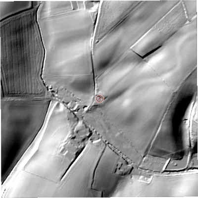 Shaded relief map of the ground around HR97RR, computed from Environment Agency LiDAR. The ground here sits at about 66 m above sea level and falls 72 m across the surrounding 800 m. Surface water reaching this point runs off ground lying to the east-north-east, 34.3 m higher.